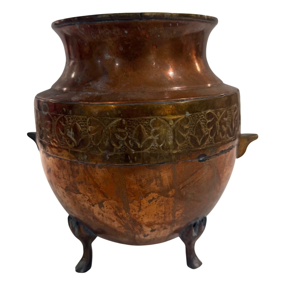 Vtg Bronze Copper Vessel Urn Pot 7" Footed Decorative Etched Metal Vase Patina
